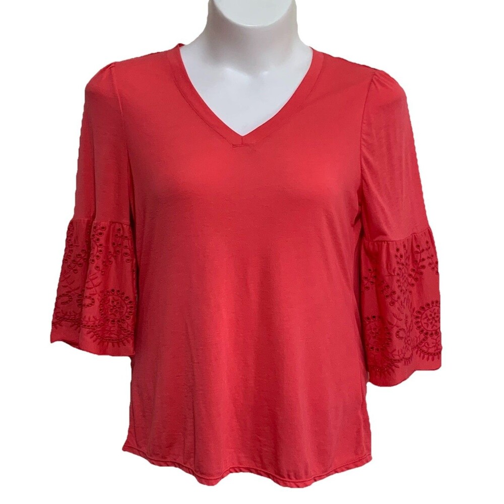 Time And Tru Top Womens Size Large Coral 3/4 Eyelet Bell Sleeve V-Neck